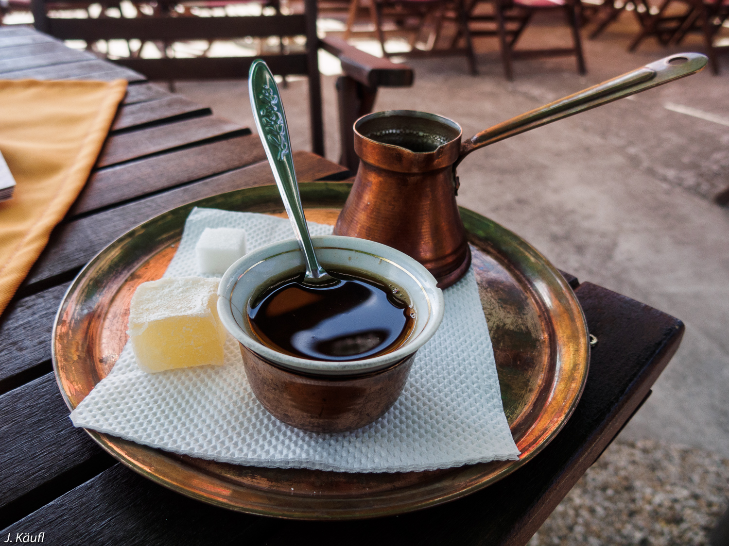 It may look (and taste) like a turkish coffee, but don't let it fool you, this specimen is a macedonian coffe. It's never a turkish coffee (except in Turkey of course), according to the cultural self-identification of the locals, it may be either a serbian, a bosnian, a greek or a macedonian coffee.